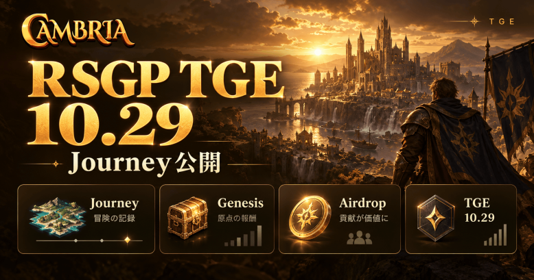 オンチェーンMMO『Cambria』、$RSGPトークンを10月29日にTGE決定——Journeyページ公開でエアドロップ評価軸が可視化、Genesisプレイテストも始動