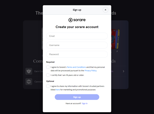 sorare（ソラーレ）公式サイト　ゲーム画面　サインアップ