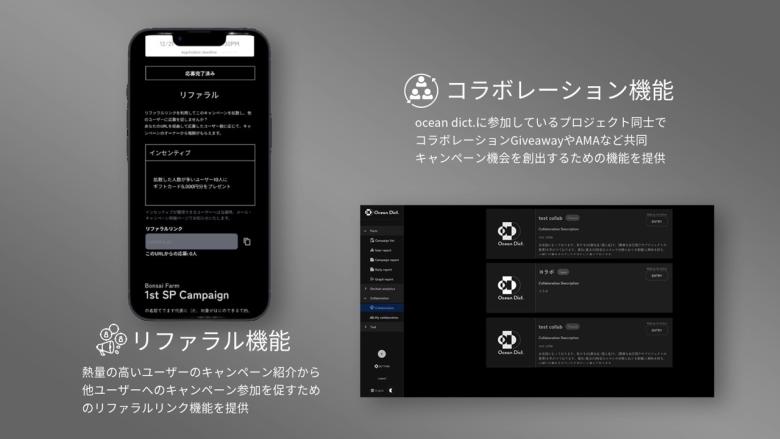ユーザーが他ユーザーにキャンペーンを紹介するリファラル機能や、登録プロジェクト同士のコラボレーションキャンペーン