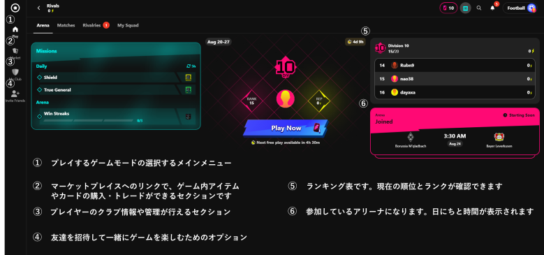 sorare（ソラーレ）公式サイト　ゲーム画面　ホーム画面の説明